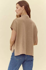 Taupe Drop Shoulder S/S Mock Neck Sweater