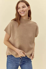 Taupe Drop Shoulder S/S Mock Neck Sweater