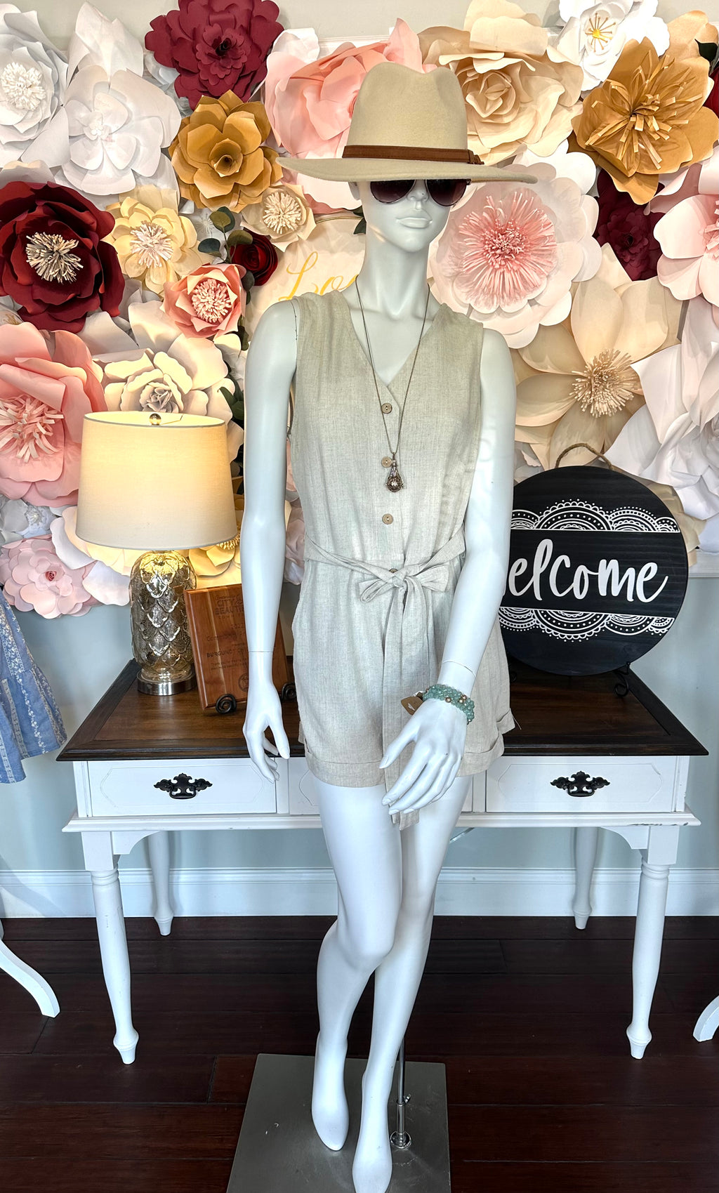 Natural V-Neck Romper with waist tie