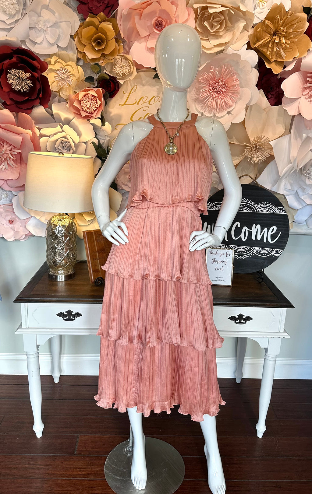 Light Peach Tiered and Ruffled Halter Dress