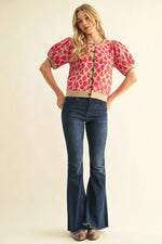 Fuchsia Short Puff Sleeve Cardigan