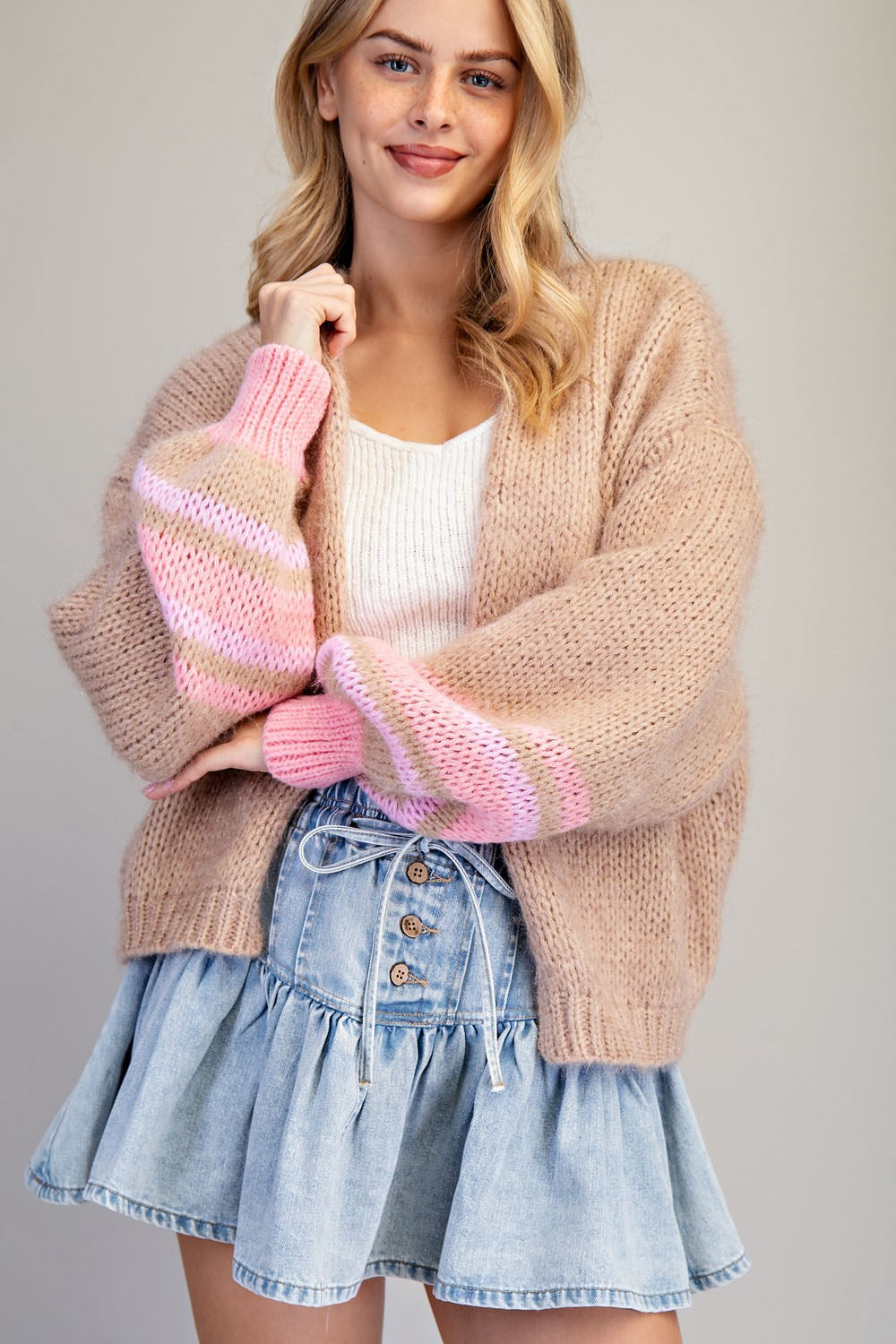 Beige Open Front Cardigan
