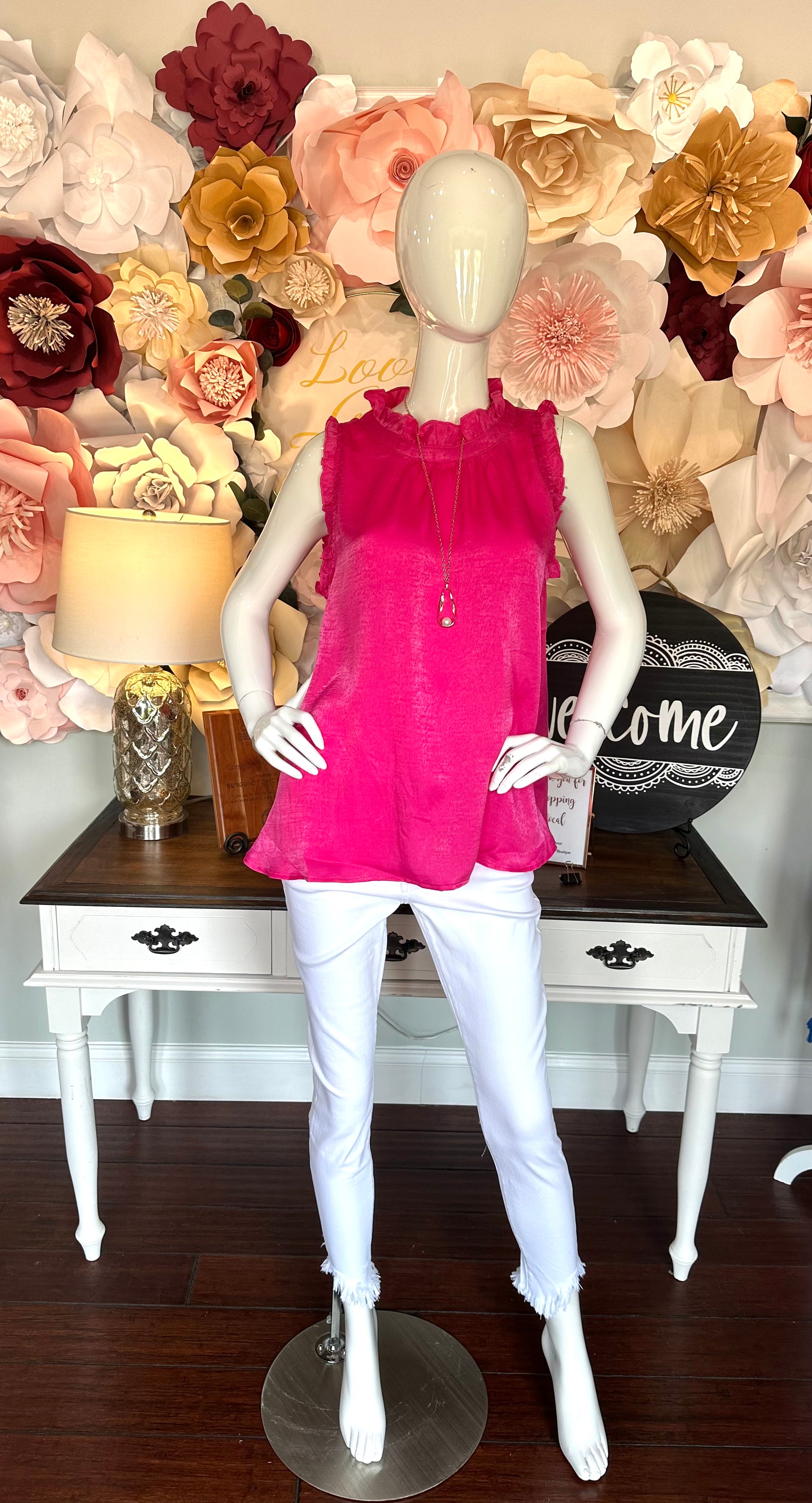 Hot Pink Sleeveless Top with frilled neck