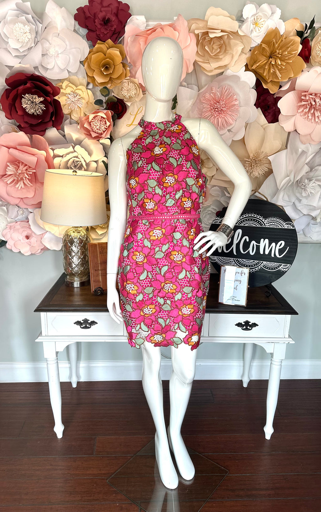 Fuchsia High Neck Halter Embroidered Dress