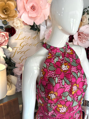 Fuchsia High Neck Halter Embroidered Dress