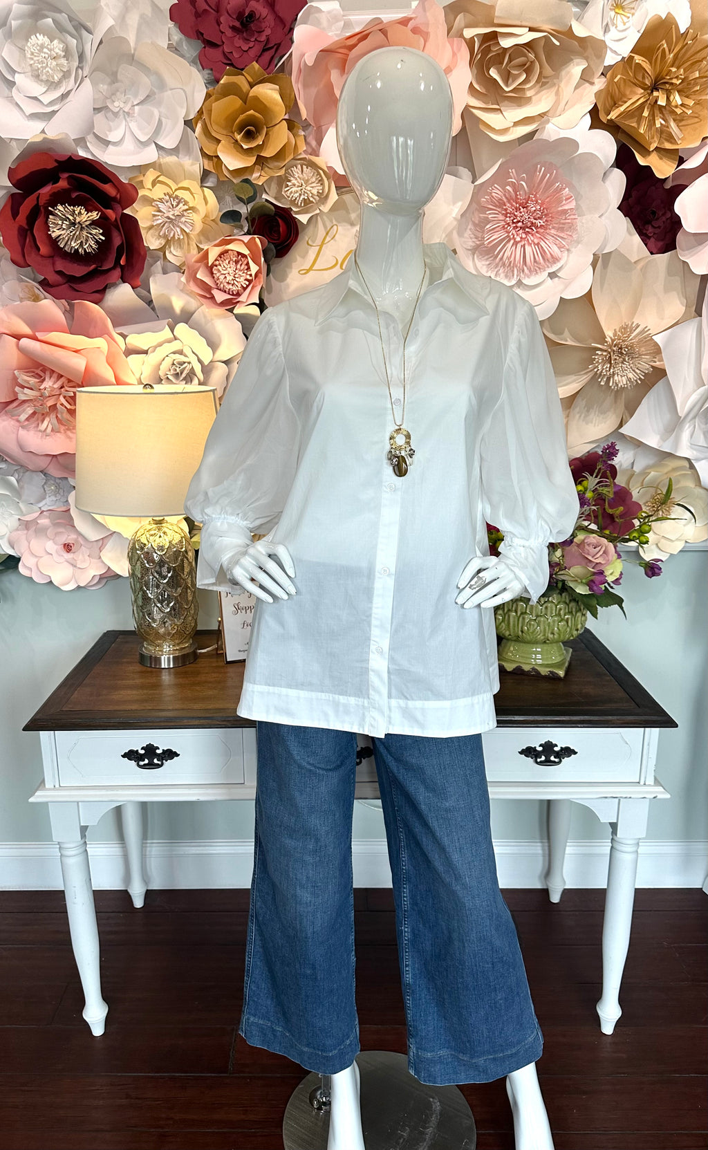 White Button Top with sheer sleeve