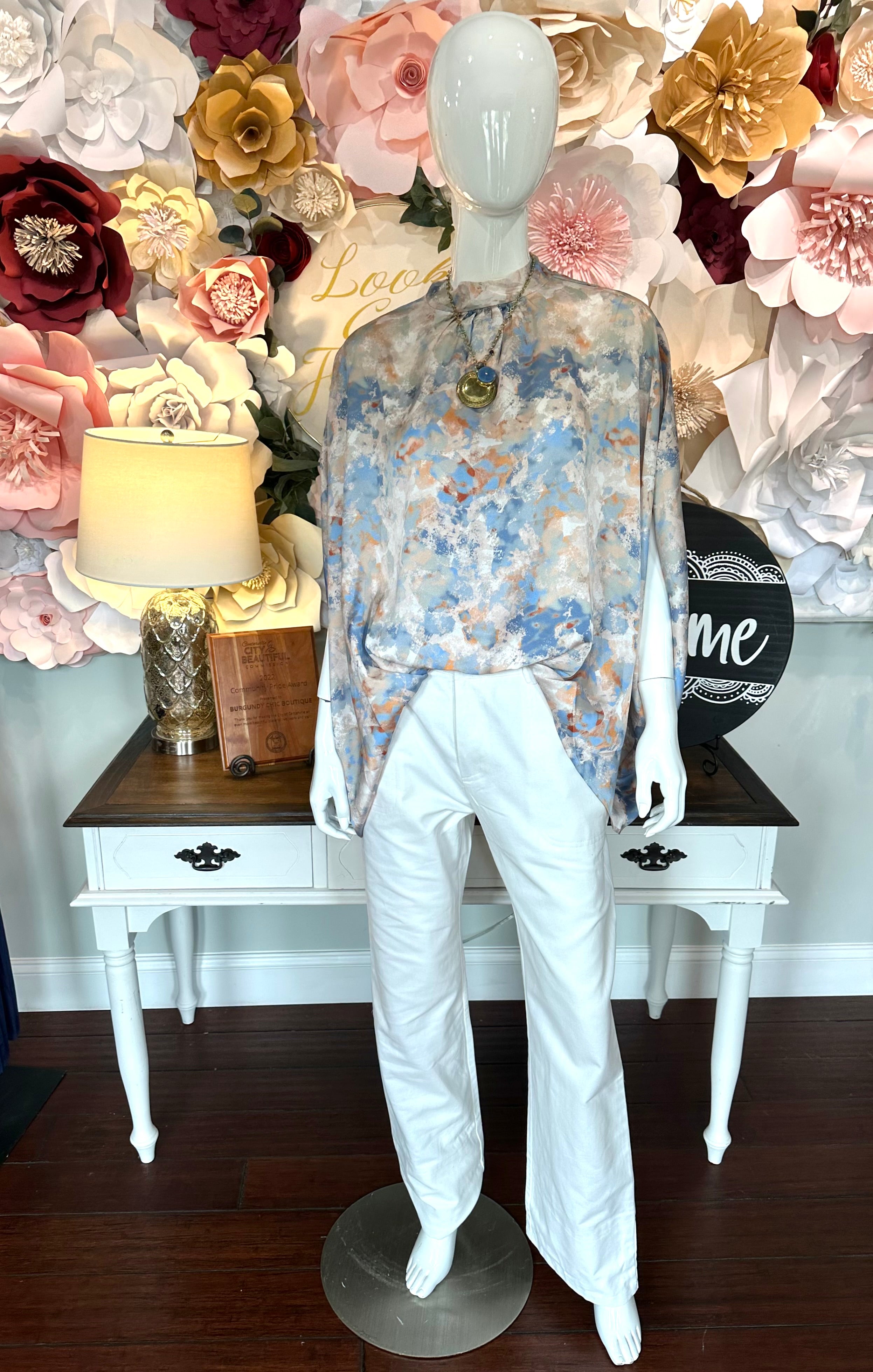 Light Blue/Beige Satin Mock Neck Top