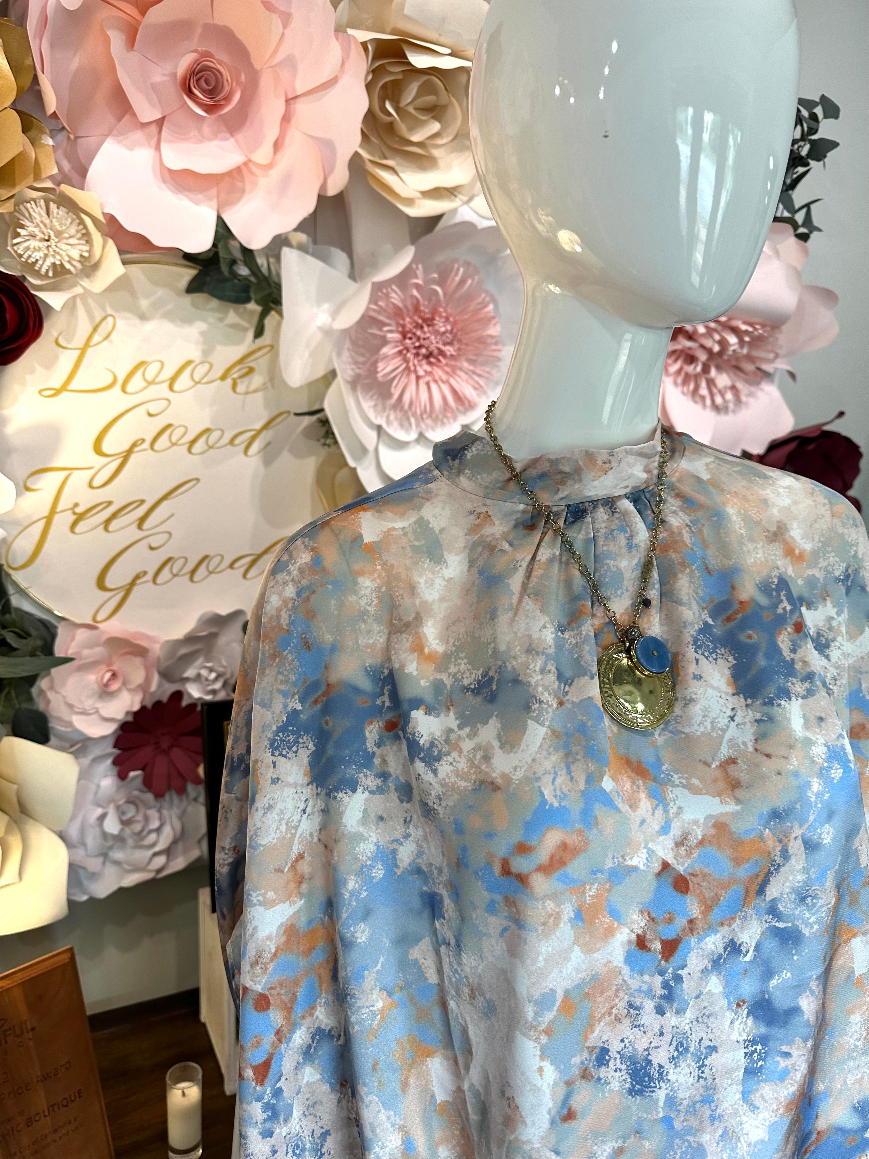 Light Blue/Beige Satin Mock Neck Top