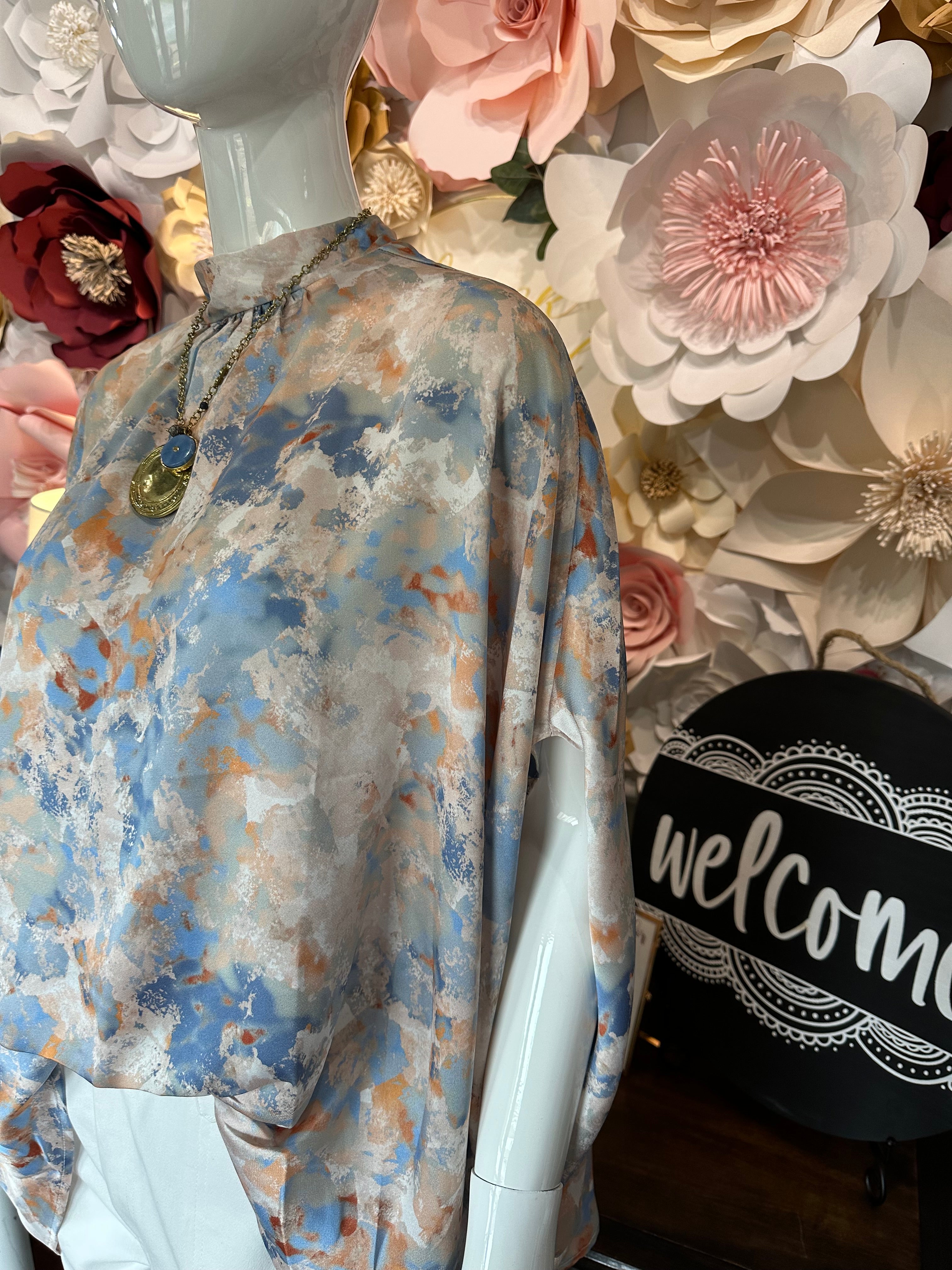 Light Blue/Beige Satin Mock Neck Top
