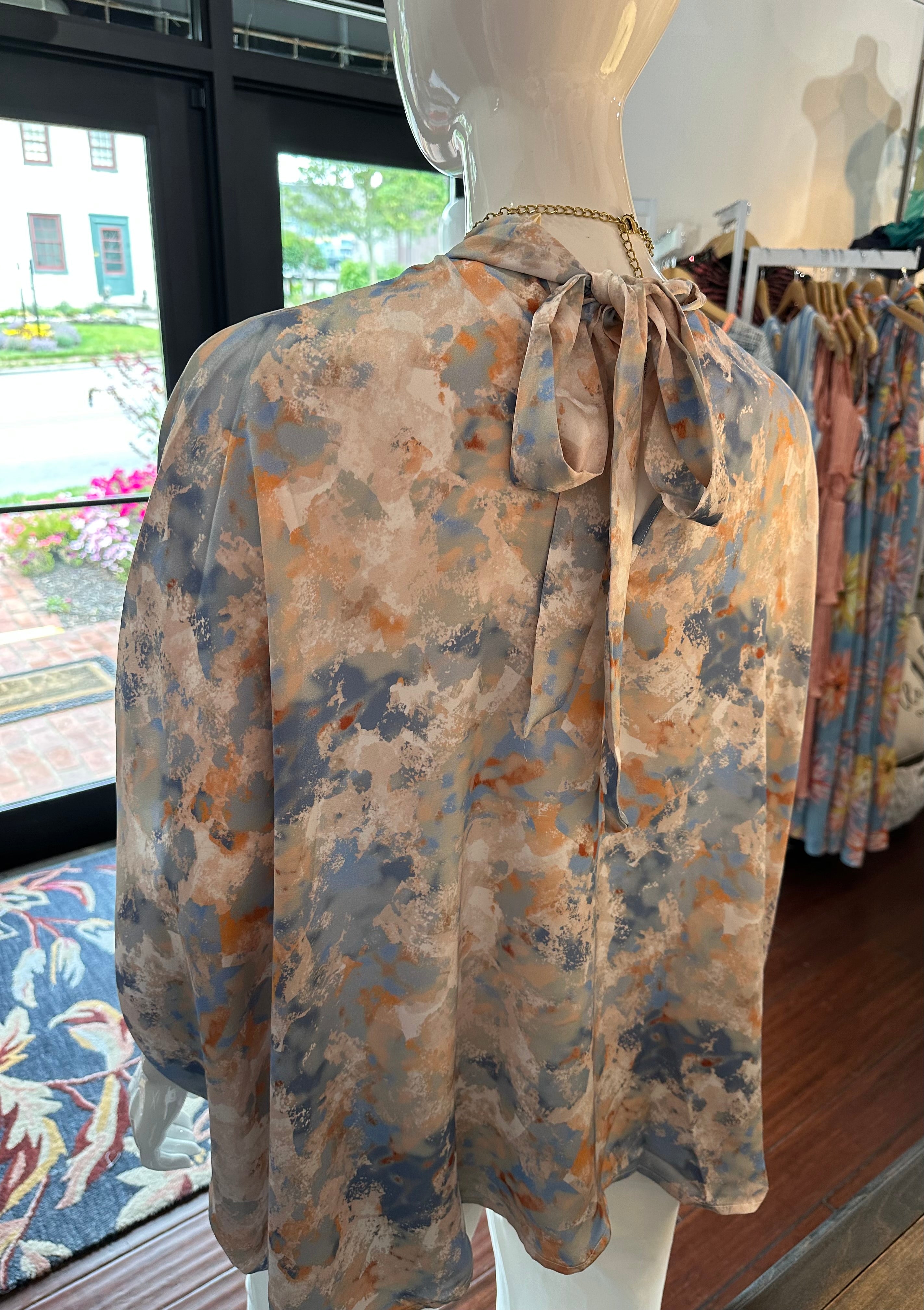 Light Blue/Beige Satin Mock Neck Top