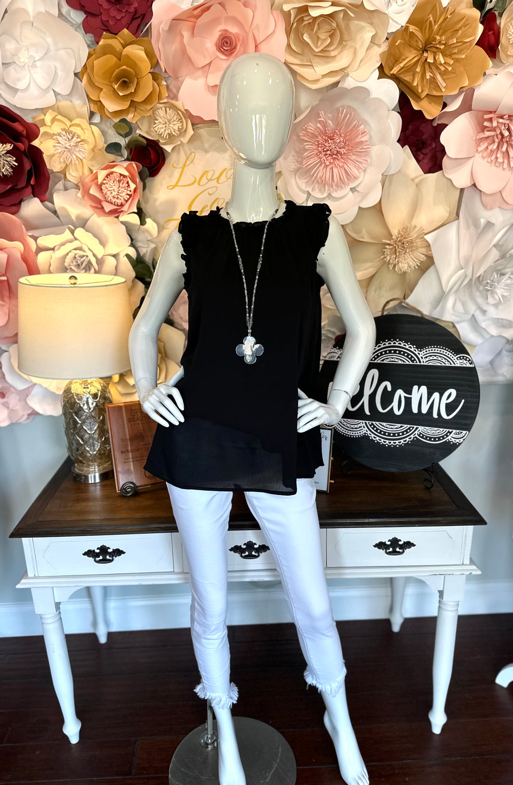 Black Sleeveless Ruffle Top