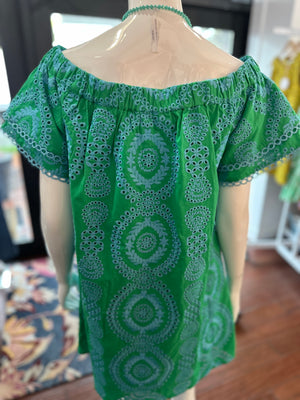 Green Blue Embroidered Eyelet Dress