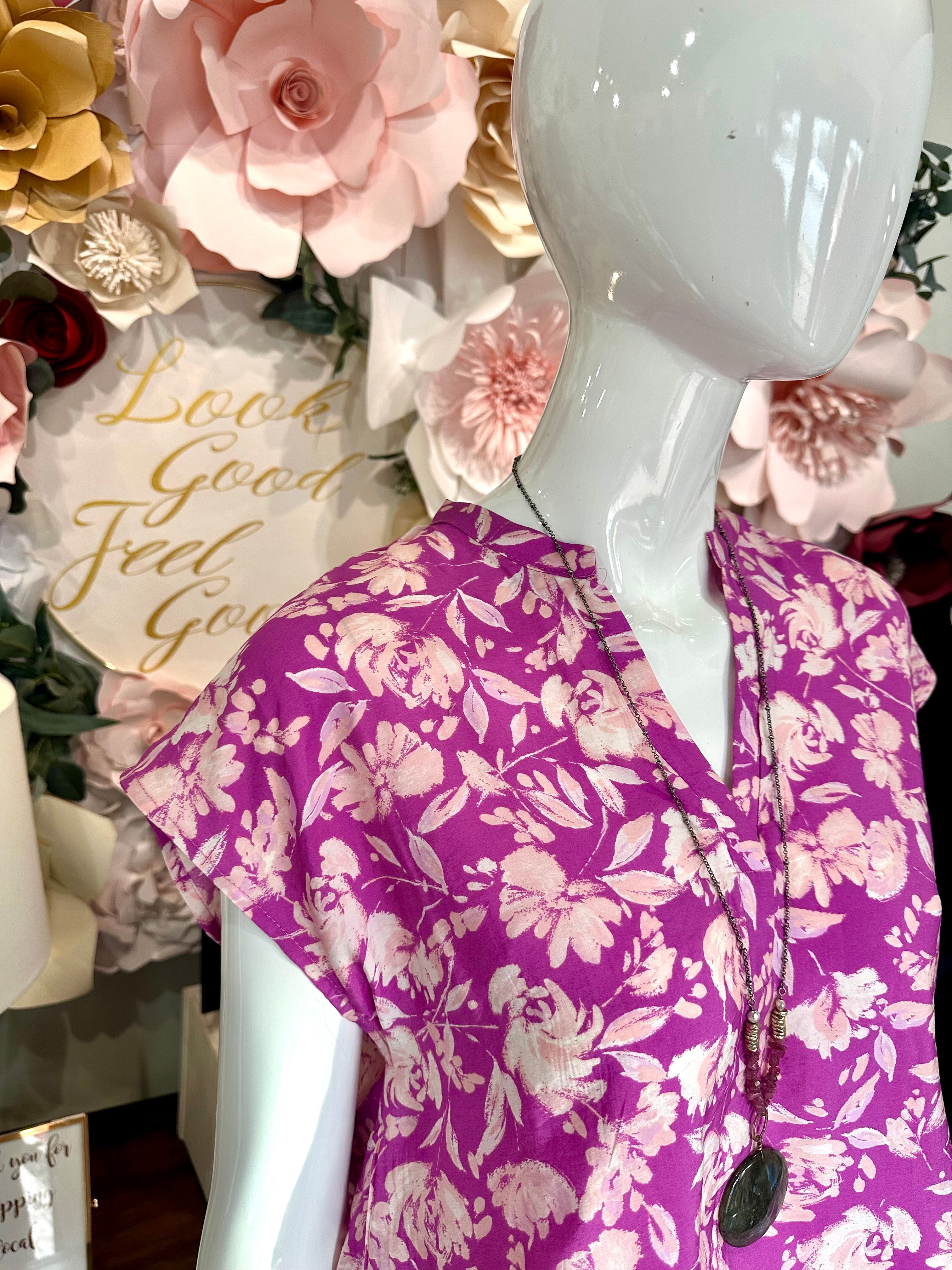 Magenta Floral printed top with cap sleeve