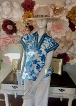Blue floral Split Neck S/S top