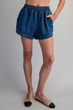Dark denim elastic shorts