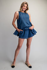 Dark denim elastic shorts