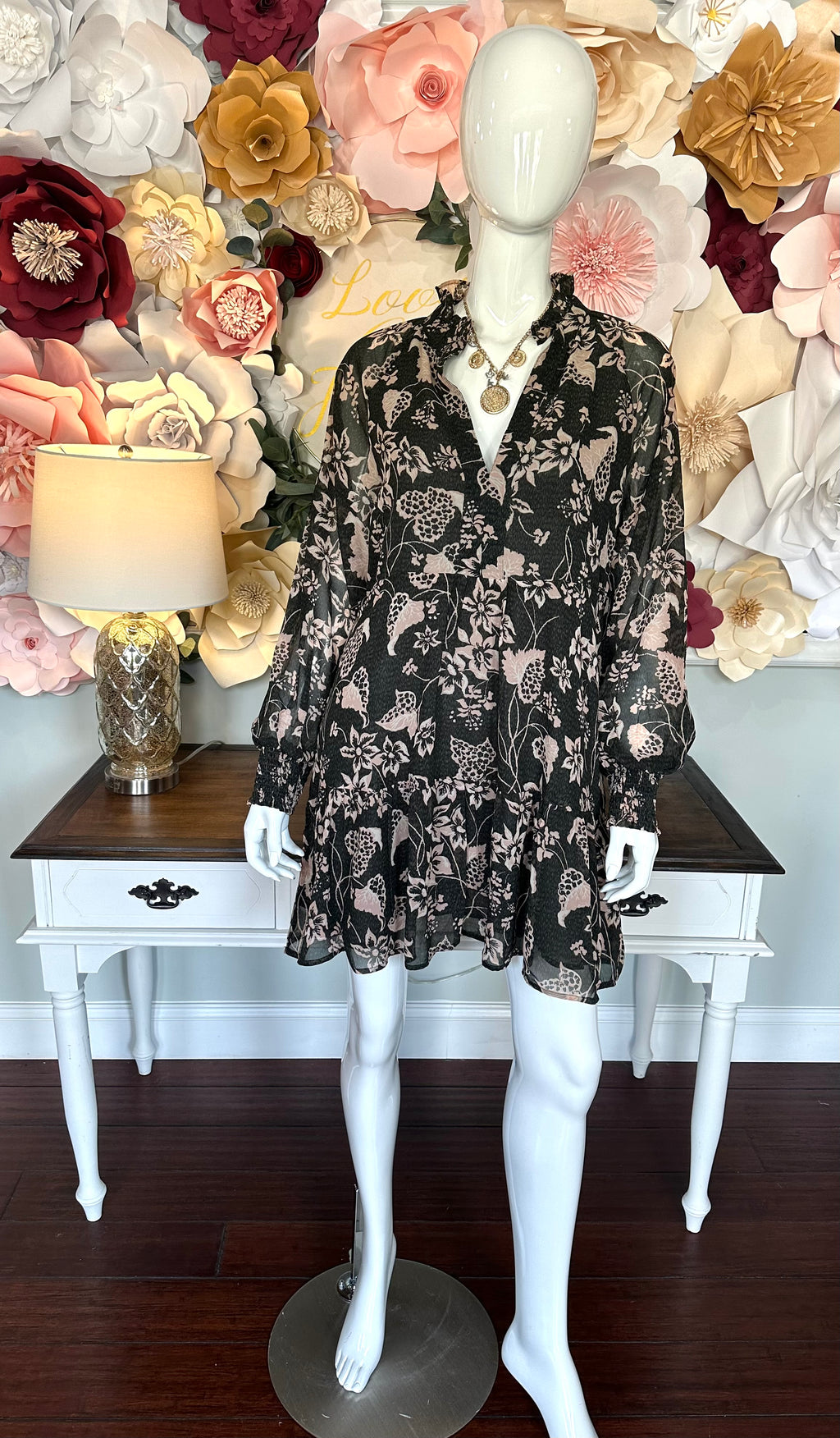 Black Napa Print Sheer Sleeve