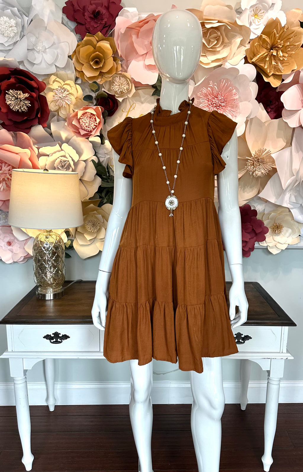 Camel Tiered Dress with ruffled sleeve