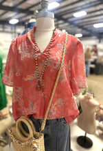 Coral Floral Ruffled V-Neck Top