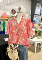 Coral Floral Ruffled V-Neck Top