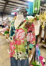 Green Mix Floral Puff Sleeve Top