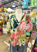 Green Mix Floral Puff Sleeve Top