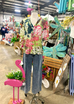 Green Mix Floral Puff Sleeve Top