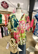 Green Mix Floral Puff Sleeve Top