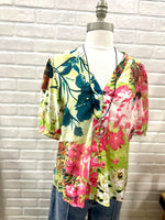 Green Mix Floral Puff Sleeve Top
