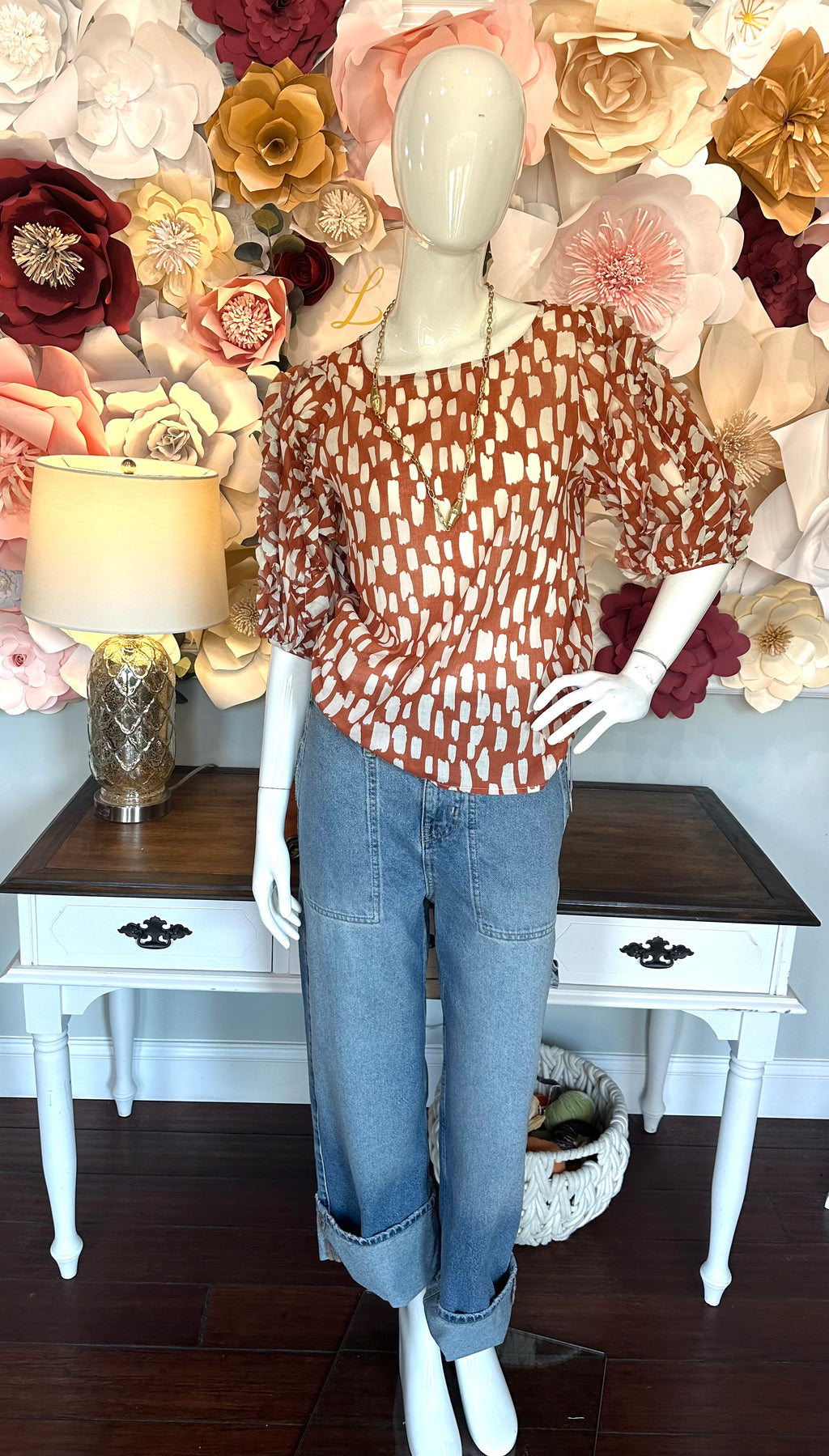Rust/Cream printed Ruffled Top
