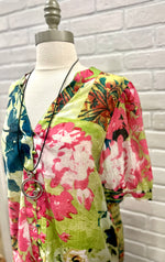 Green Mix Floral Puff Sleeve Top
