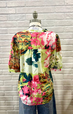 Green Mix Floral Puff Sleeve Top