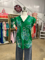 Green Large Embroidered Flower Top