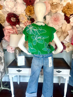 Green Large Embroidered Flower Top
