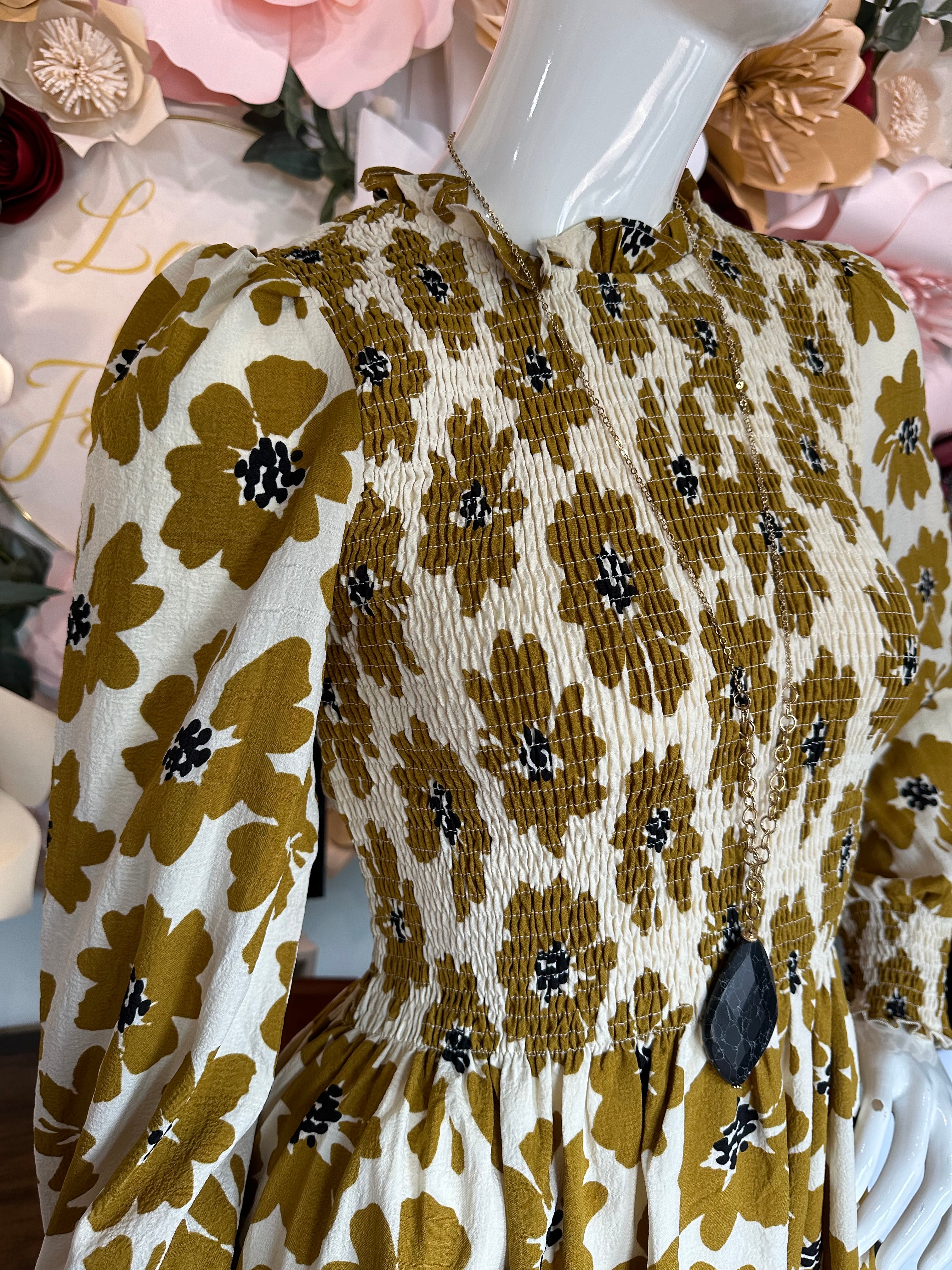 Mustard Floral Printed Long Sleeve Dress