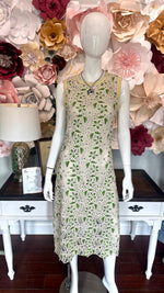 Green Striped Band Floral Crochet Midi Dress