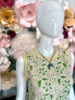 Green Striped Band Floral Crochet Midi Dress