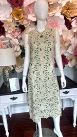 Green Striped Band Floral Crochet Midi Dress