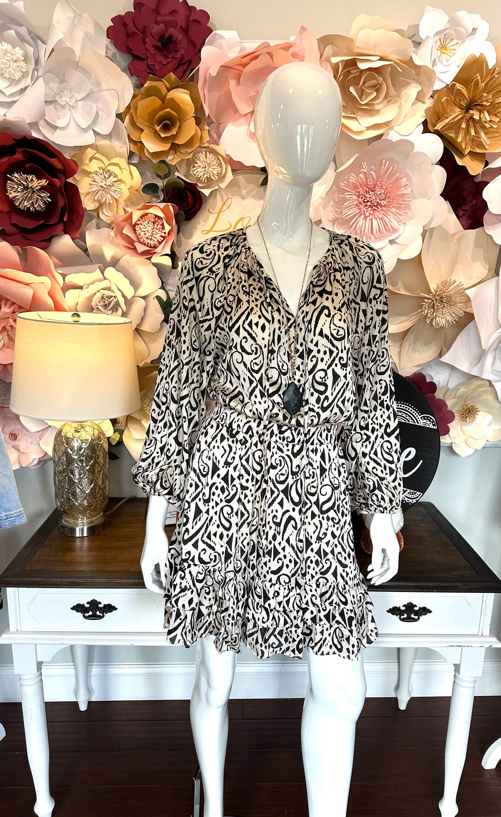 Ivory Black Satin Printed Dress