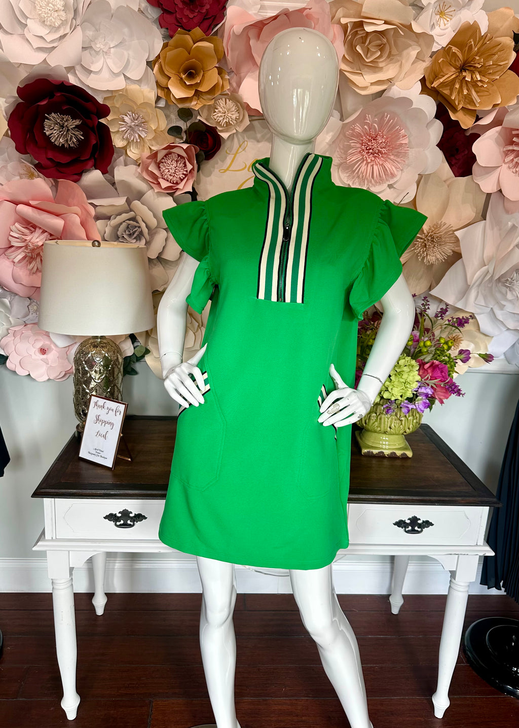Green Solid Half Zip collared Dress