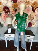 Green Large Embroidered Flower Top