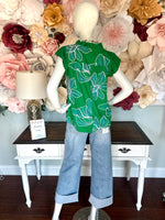Green Large Embroidered Flower Top