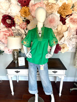 Green Floral Embroidered Bubble Sleeve