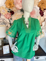 Green Floral Embroidered Bubble Sleeve