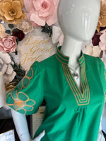 Green Floral Embroidered Bubble Sleeve