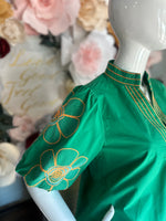 Green Floral Embroidered Bubble Sleeve