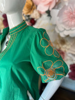 Green Floral Embroidered Bubble Sleeve