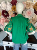 Green Floral Embroidered Bubble Sleeve