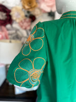 Green Floral Embroidered Bubble Sleeve
