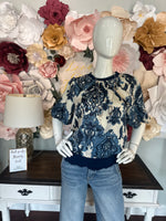 Navy Printed Bubble Sleeve Top